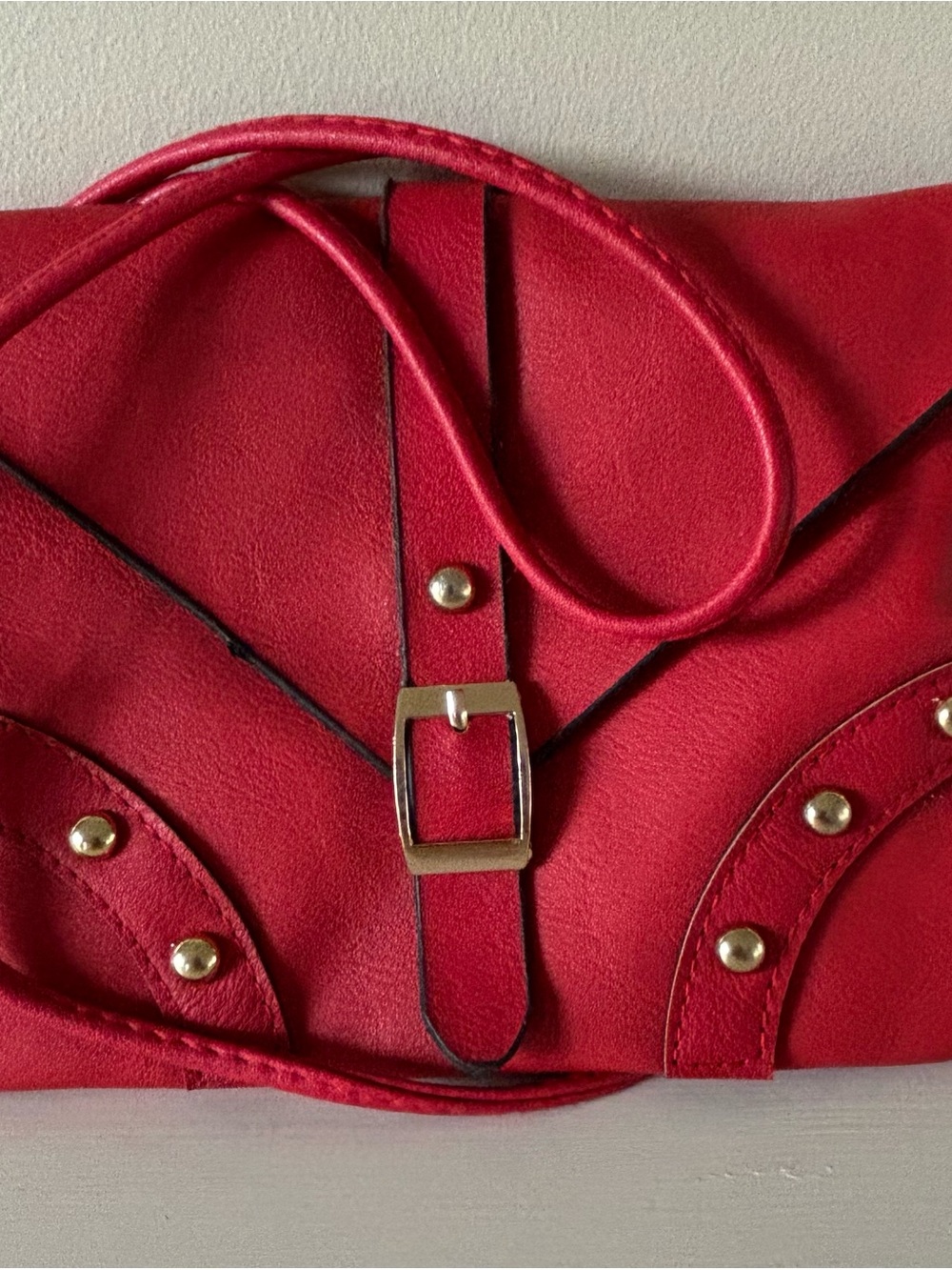 Real Leather Red Studded Shoulder Bag with Buckle